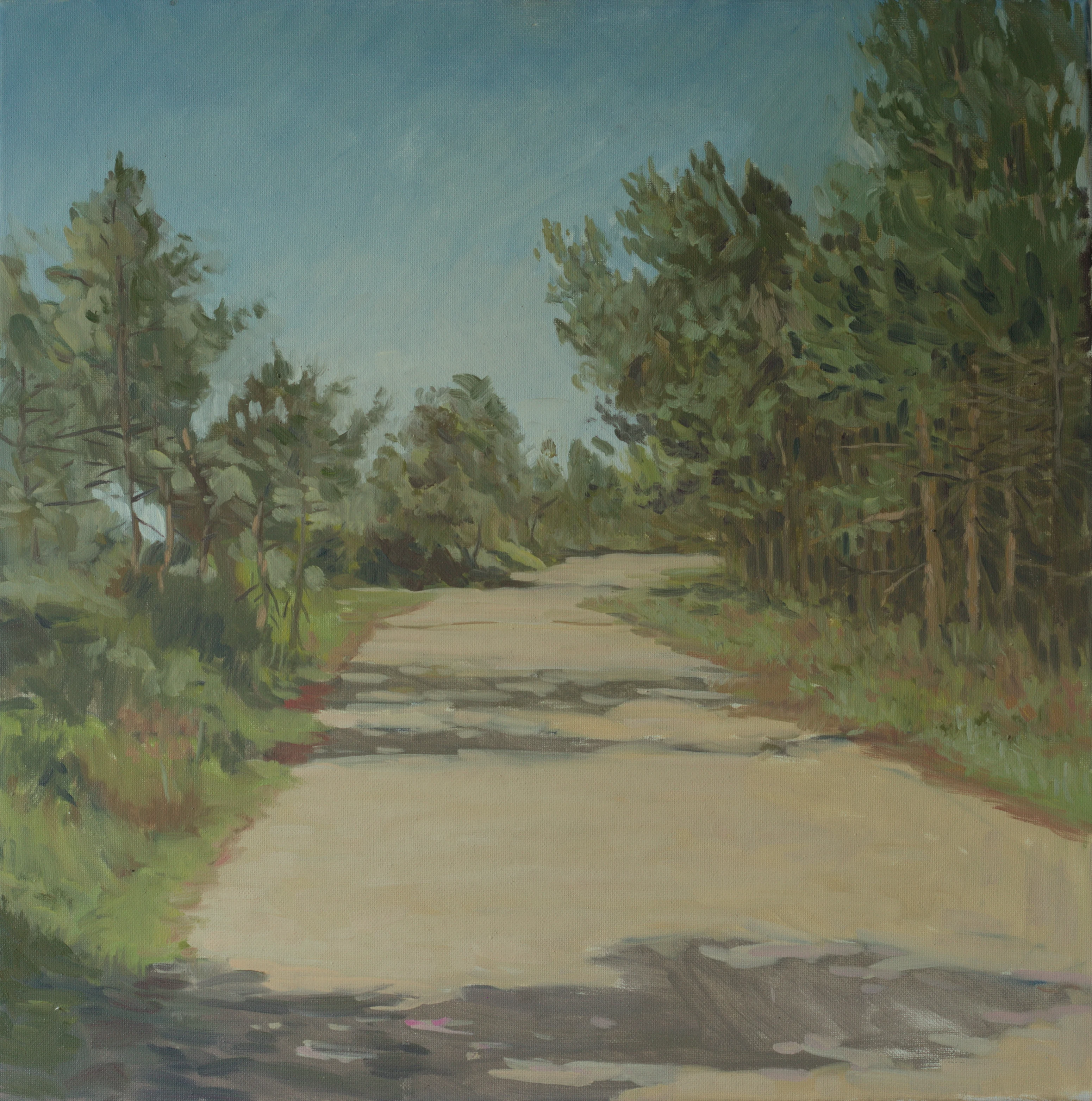 Pintura impressionista de uma estrada na Mata Nacional do Escaroupim